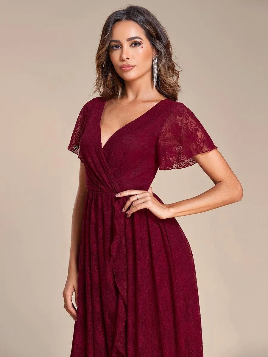 Pleated V-Neck Short Sleeve Ruffled Lace Formal Mother of the Bride Dress