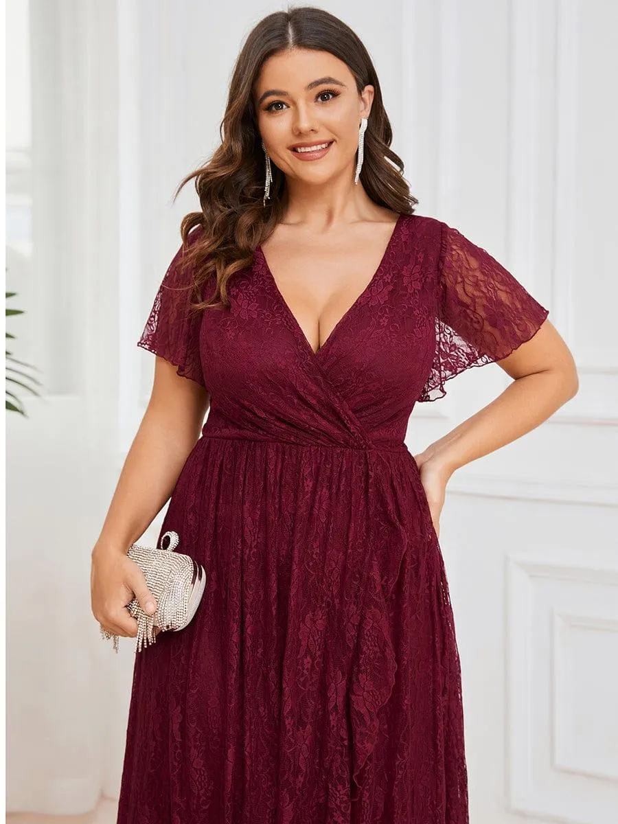 Pleated V-Neck Short Sleeve Ruffled Lace Formal Mother of the Bride Dress
