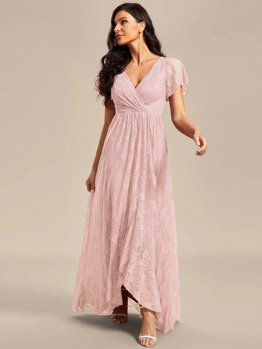 Pleated V-Neck Short Sleeve Ruffled Lace Formal Mother of the Bride Dress