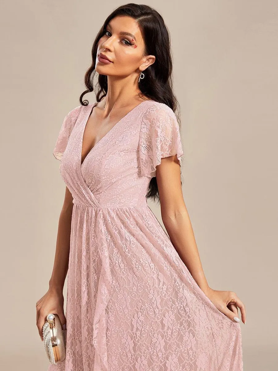Pleated V-Neck Short Sleeve Ruffled Lace Formal Mother of the Bride Dress