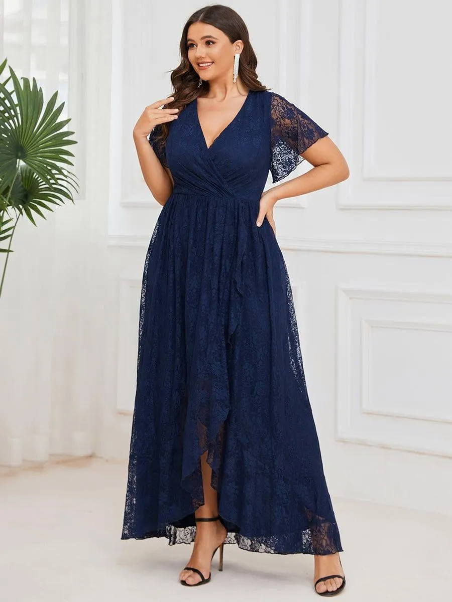 Pleated V-Neck Short Sleeve Ruffled Lace Formal Mother of the Bride Dress