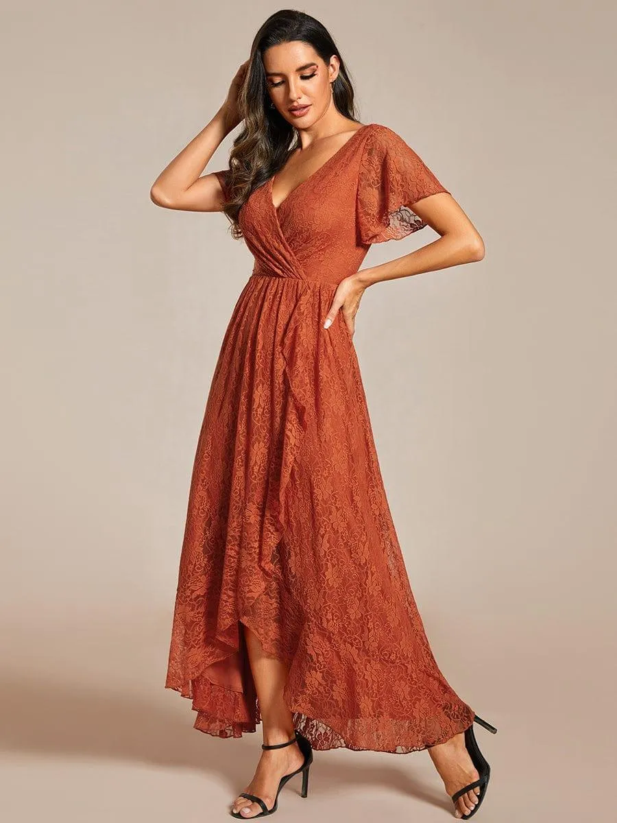 Pleated V-Neck Short Sleeve Ruffled Lace Formal Mother of the Bride Dress