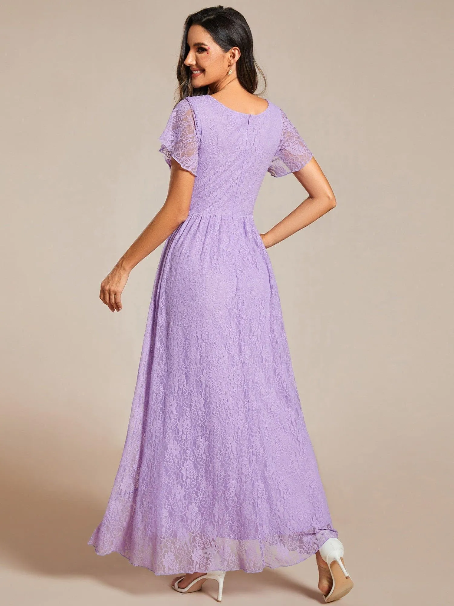 Pleated V-Neck Short Sleeve Ruffled Lace Formal Mother of the Bride Dress