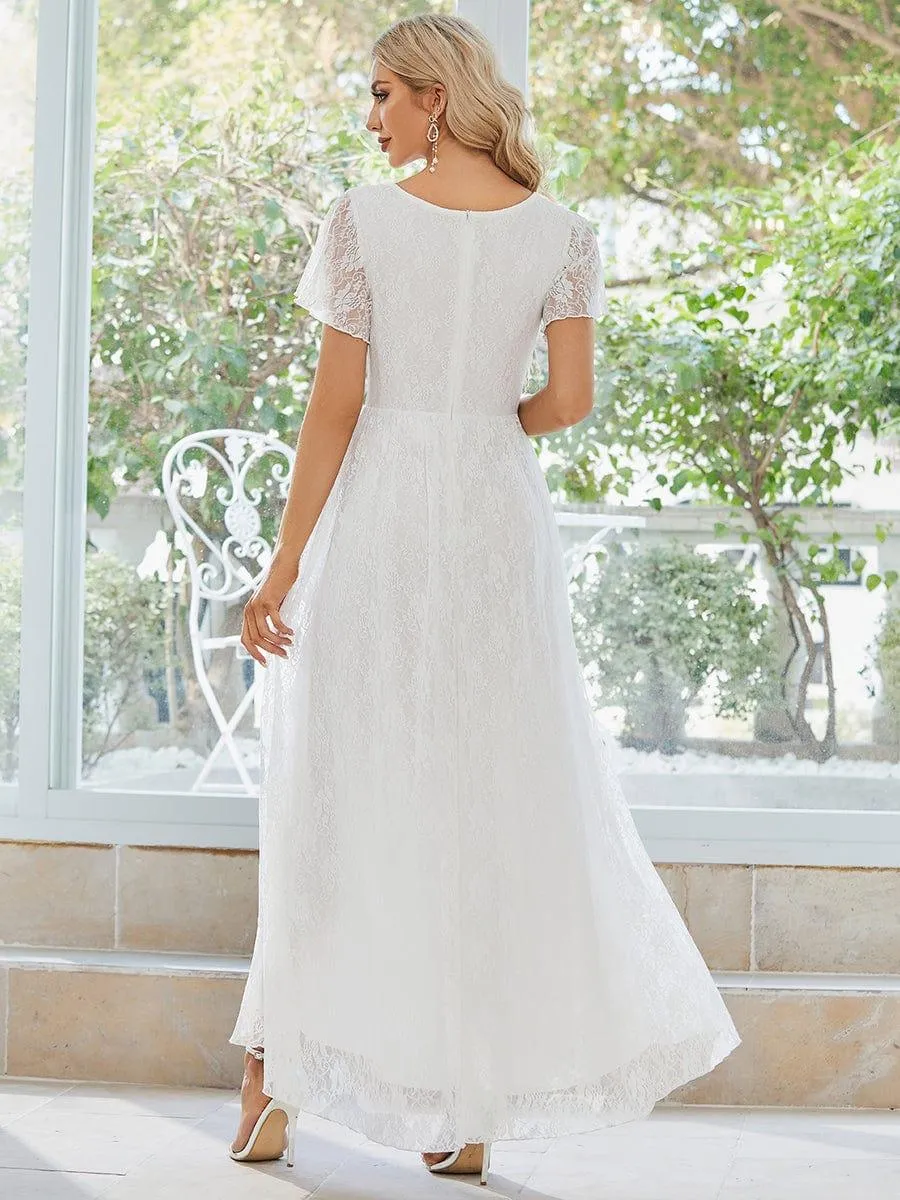 Pleated V-Neck Short Sleeve Ruffled Lace Formal Mother of the Bride Dress