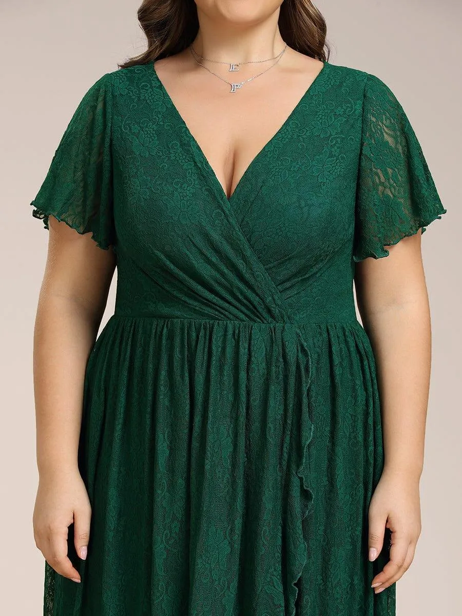 Pleated V-Neck Short Sleeve Ruffled Lace Formal Mother of the Bride Dress