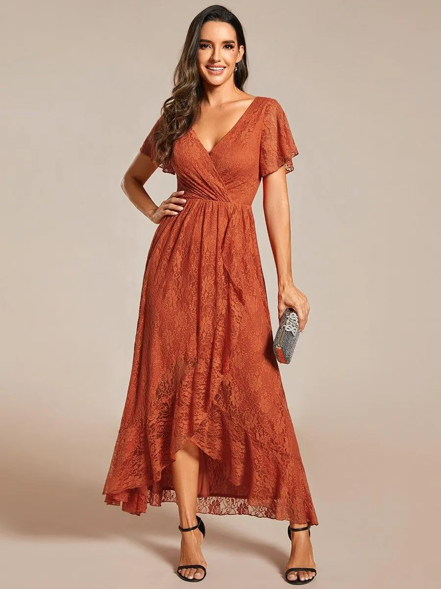 Pleated V-Neck Short Sleeve Ruffled Lace Formal Mother of the Bride Dress