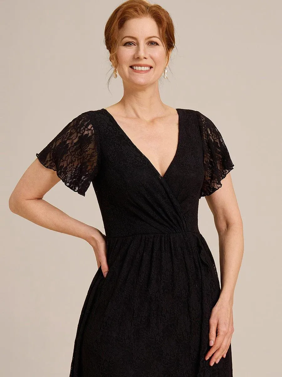 Pleated V-Neck Short Sleeve Ruffled Lace Formal Mother of the Bride Dress