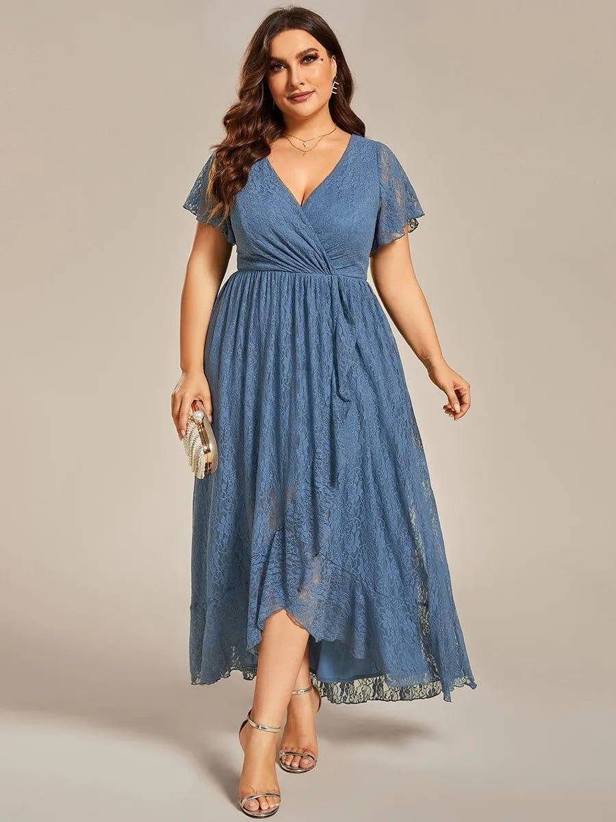 Pleated V-Neck Short Sleeve Ruffled Lace Formal Mother of the Bride Dress