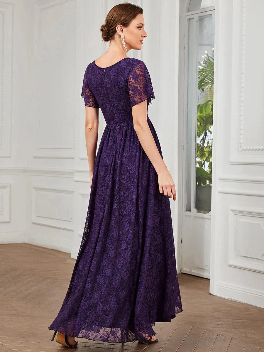 Pleated V-Neck Short Sleeve Ruffled Lace Formal Mother of the Bride Dress