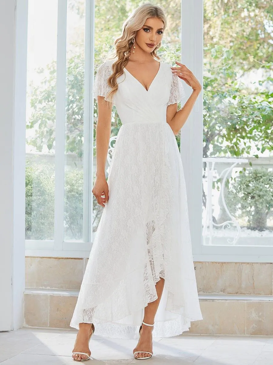 Pleated V-Neck Short Sleeve Ruffled Lace Formal Mother of the Bride Dress