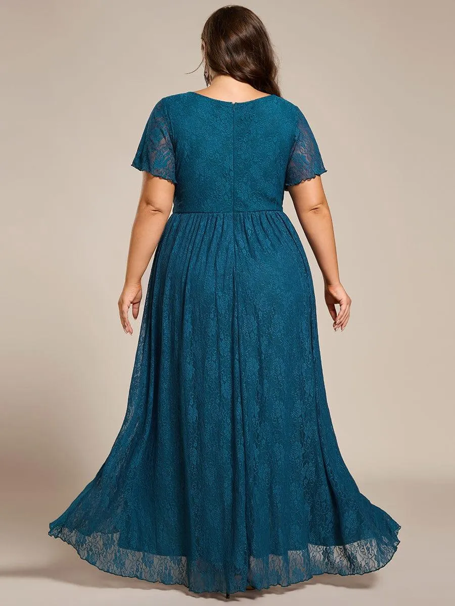 Pleated V-Neck Short Sleeve Ruffled Lace Formal Mother of the Bride Dress