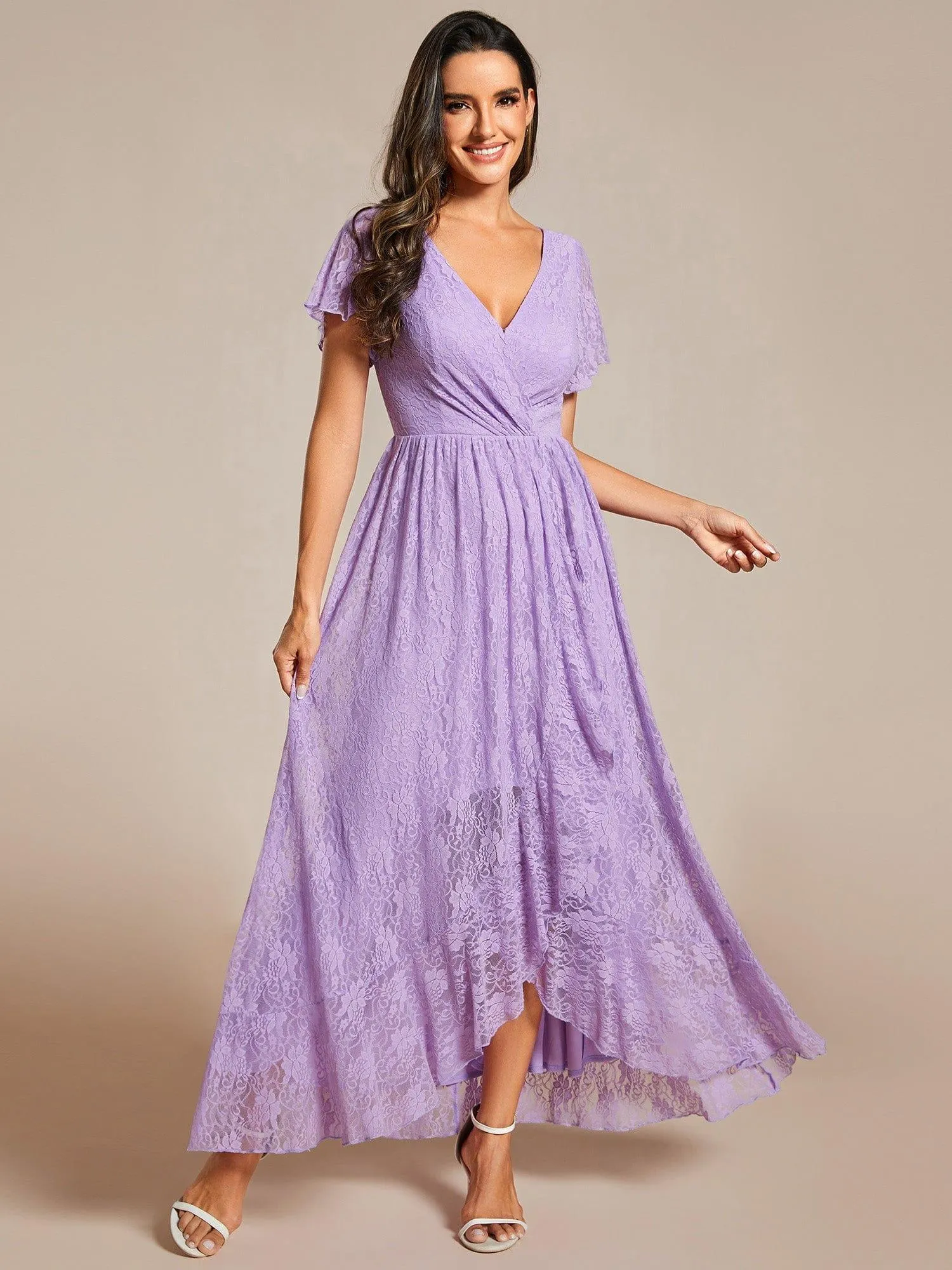 Pleated V-Neck Short Sleeve Ruffled Lace Formal Mother of the Bride Dress