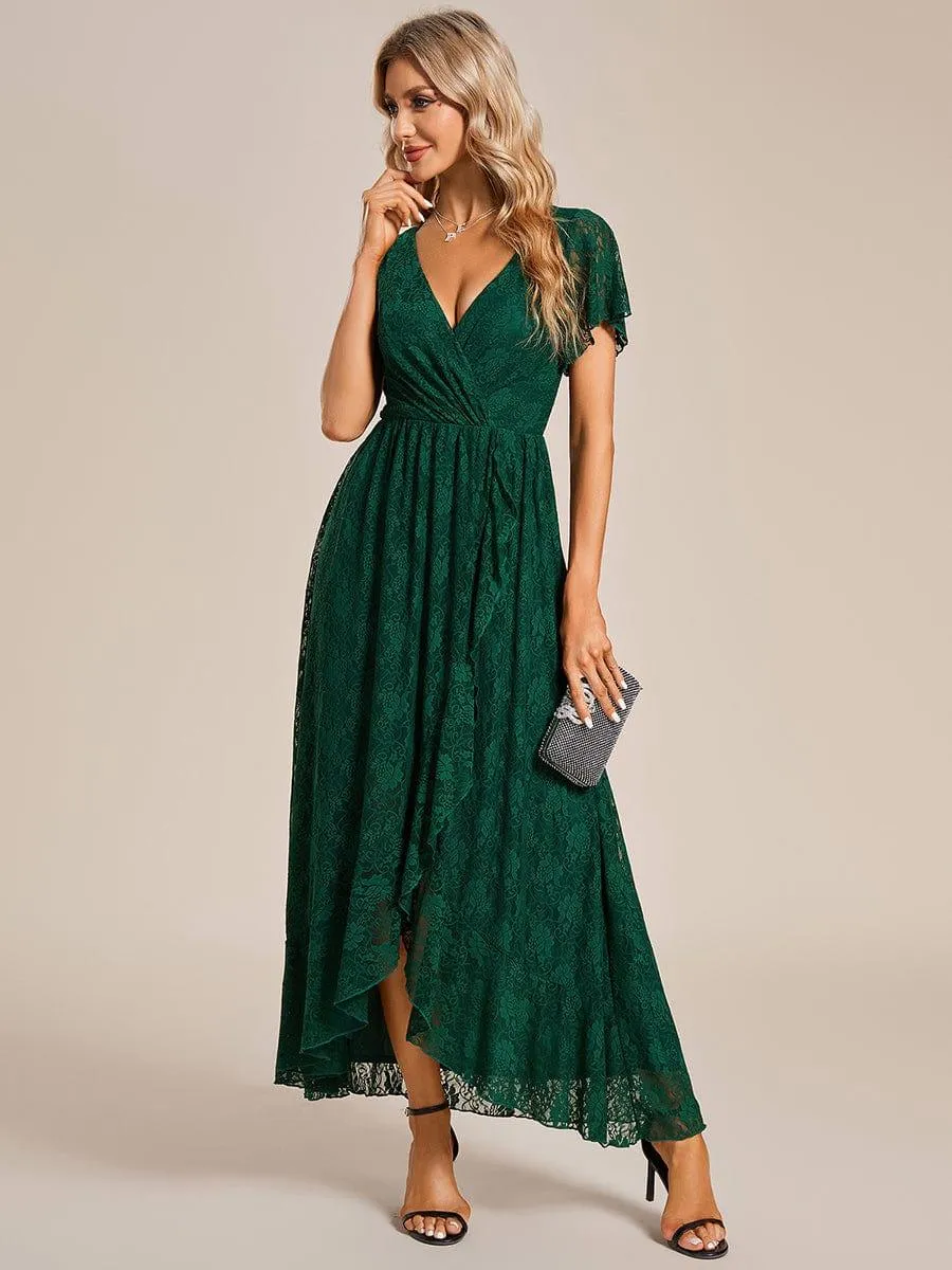 Pleated V-Neck Short Sleeve Ruffled Lace Formal Mother of the Bride Dress