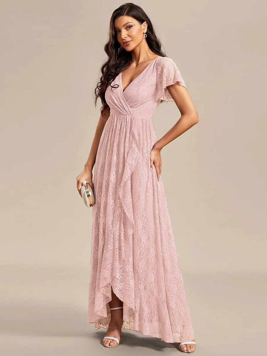 Pleated V-Neck Short Sleeve Ruffled Lace Formal Mother of the Bride Dress