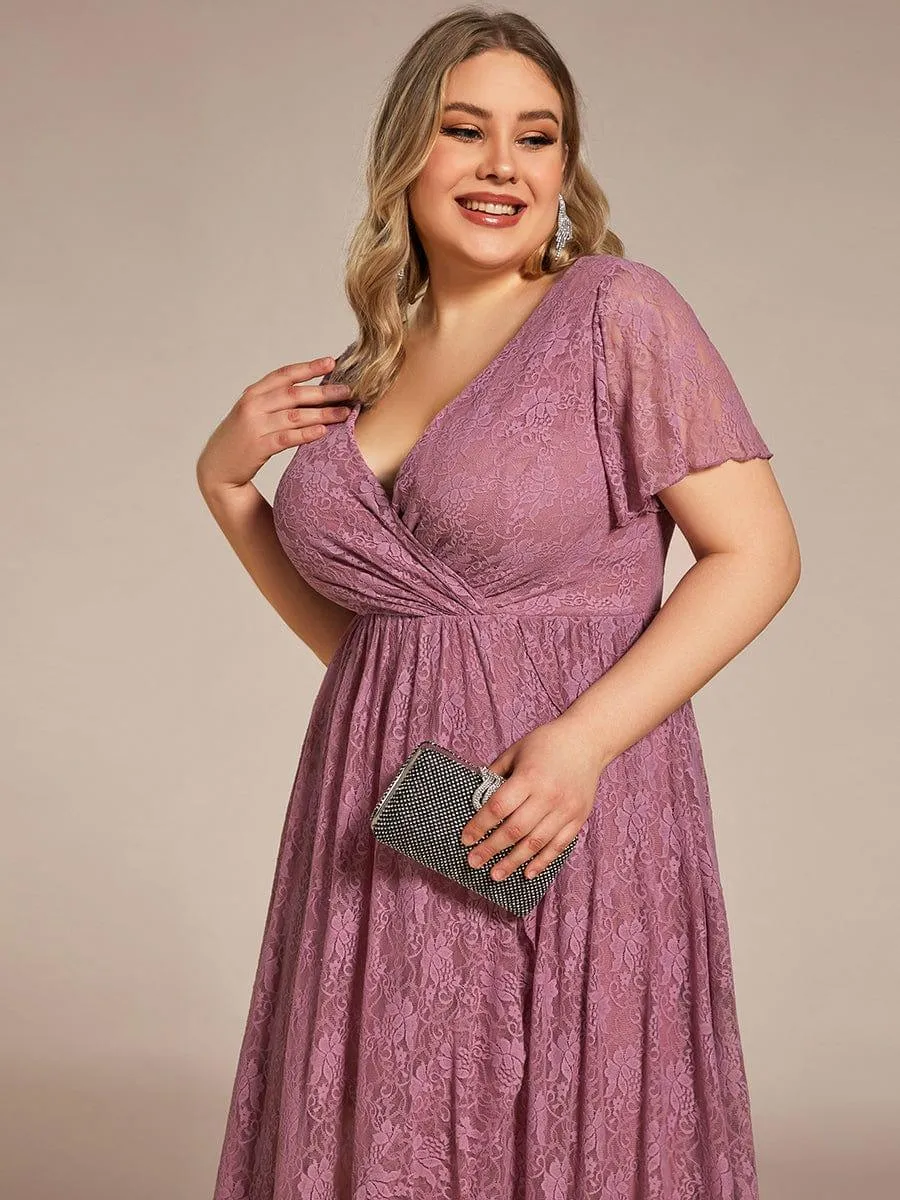Pleated V-Neck Short Sleeve Ruffled Lace Formal Mother of the Bride Dress