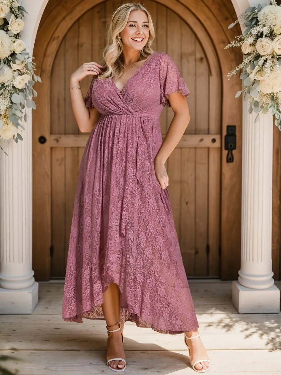 Pleated V-Neck Short Sleeve Ruffled Lace Formal Mother of the Bride Dress