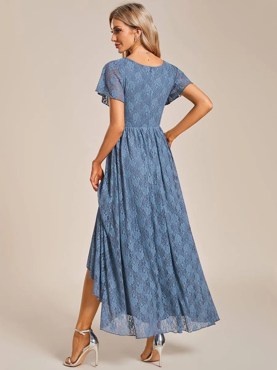 Pleated V-Neck Short Sleeve Ruffled Lace Formal Mother of the Bride Dress