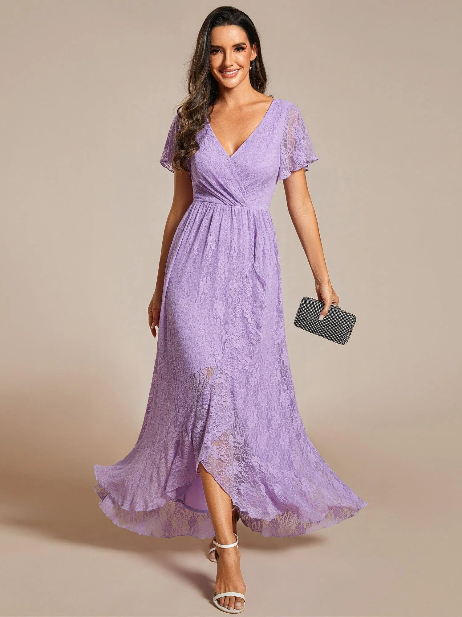 Pleated V-Neck Short Sleeve Ruffled Lace Formal Mother of the Bride Dress