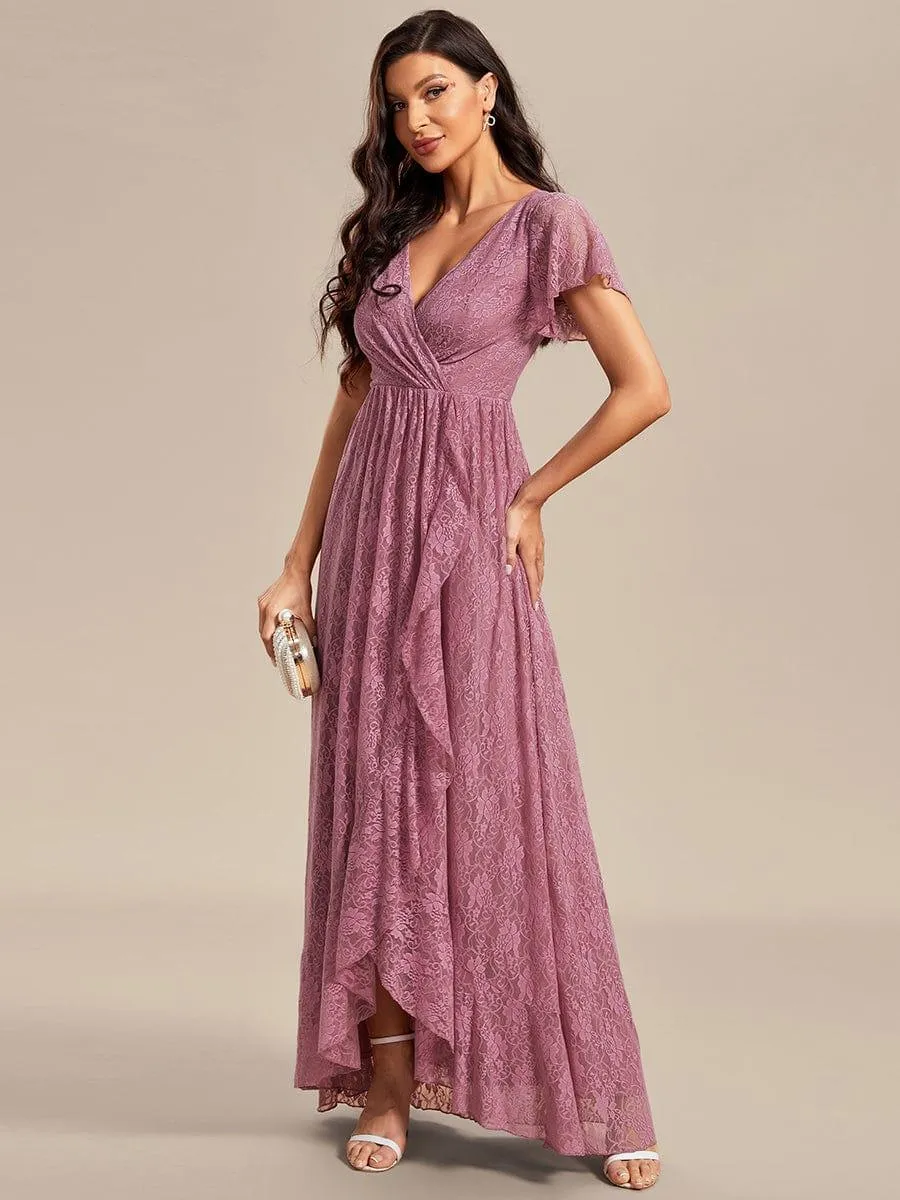 Pleated V-Neck Short Sleeve Ruffled Lace Formal Mother of the Bride Dress