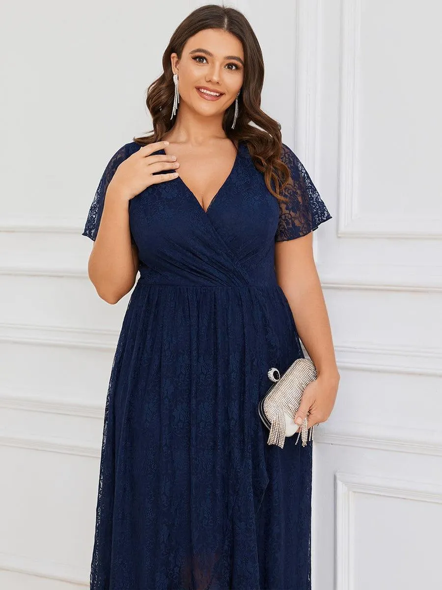 Pleated V-Neck Short Sleeve Ruffled Lace Formal Mother of the Bride Dress
