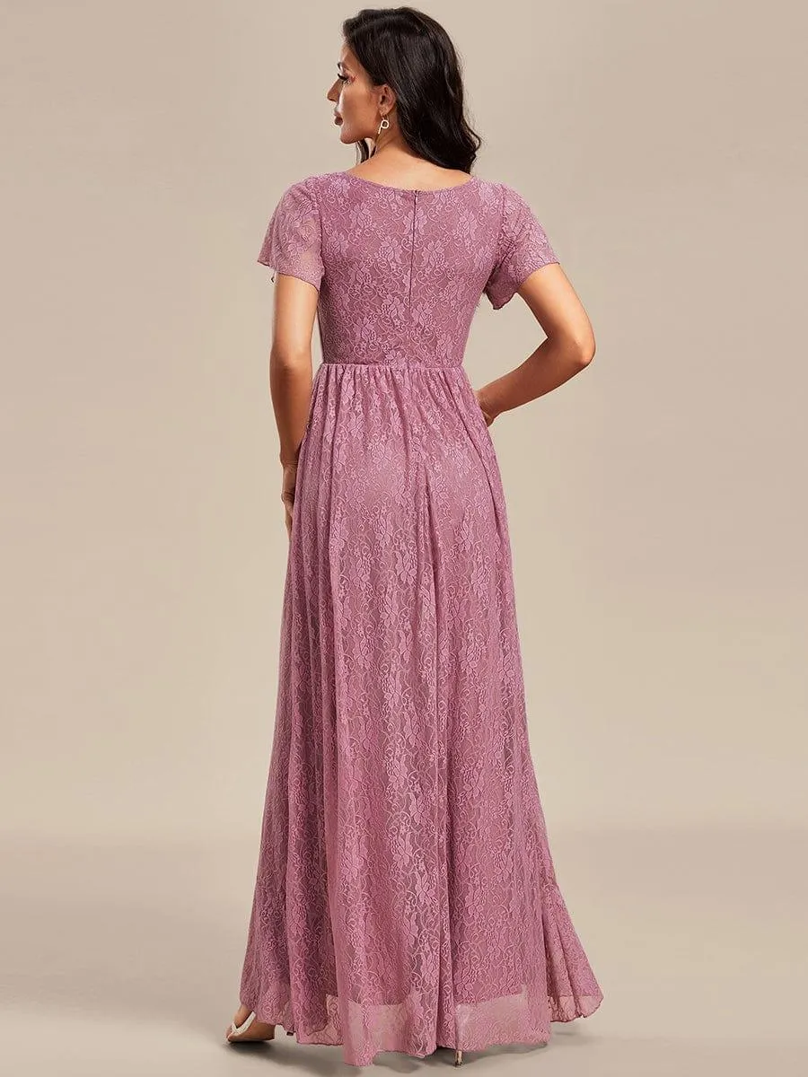 Pleated V-Neck Short Sleeve Ruffled Lace Formal Mother of the Bride Dress