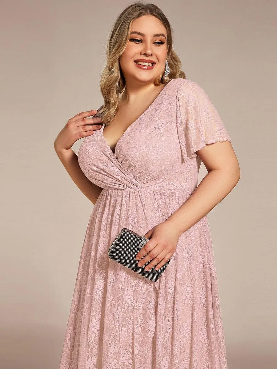 Pleated V-Neck Short Sleeve Ruffled Lace Formal Mother of the Bride Dress