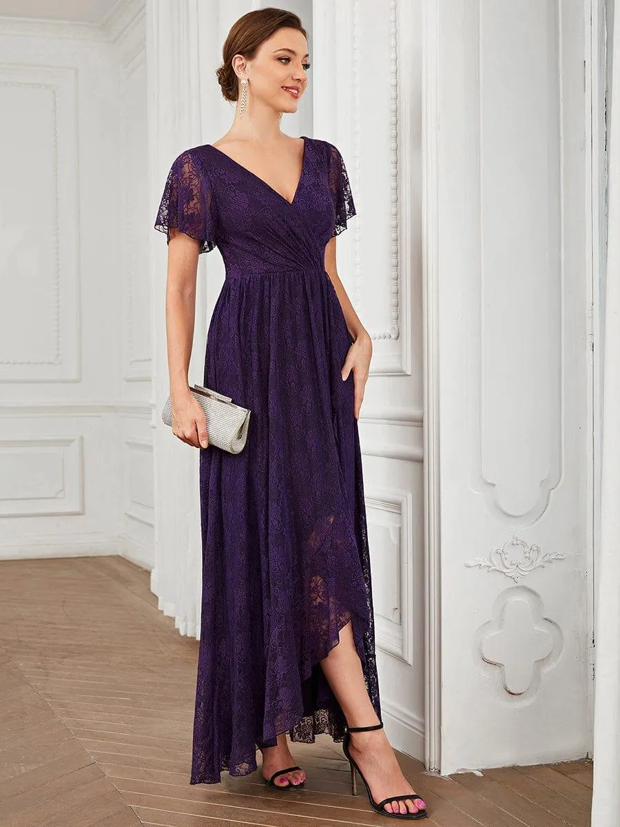 Pleated V-Neck Short Sleeve Ruffled Lace Formal Mother of the Bride Dress