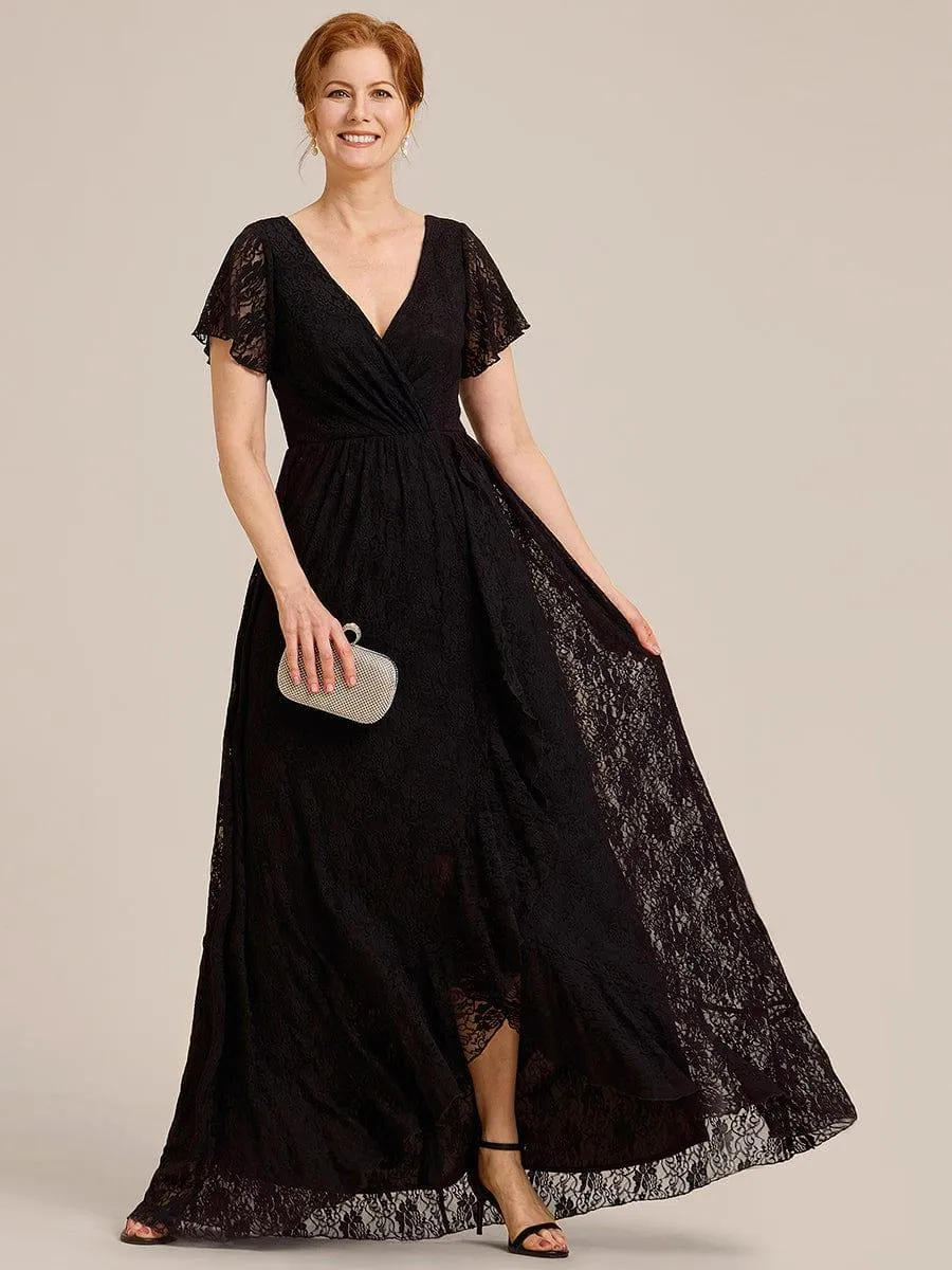Pleated V-Neck Short Sleeve Ruffled Lace Formal Mother of the Bride Dress