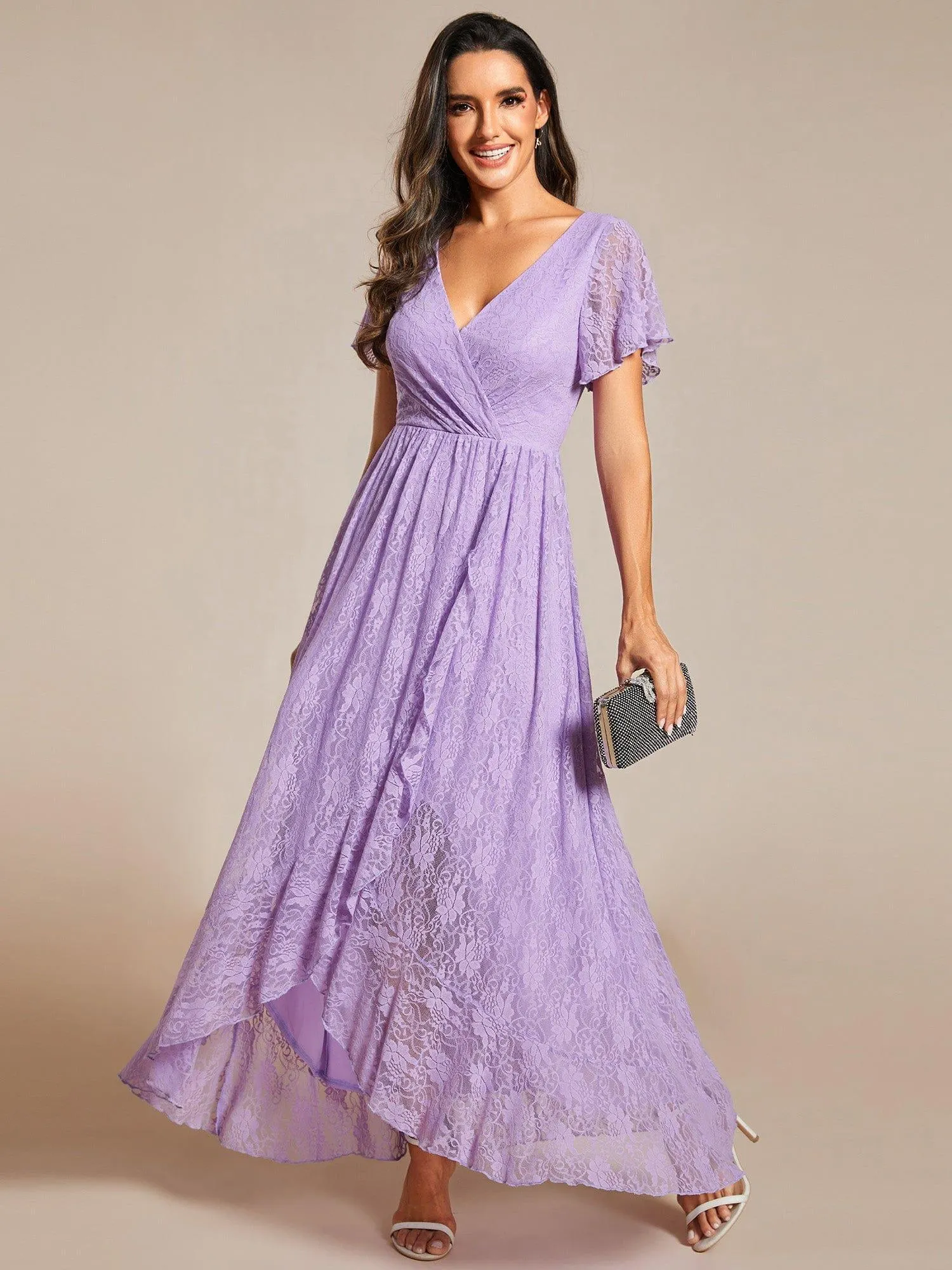 Pleated V-Neck Short Sleeve Ruffled Lace Formal Mother of the Bride Dress
