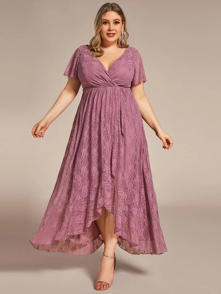 Pleated V-Neck Short Sleeve Ruffled Lace Formal Mother of the Bride Dress