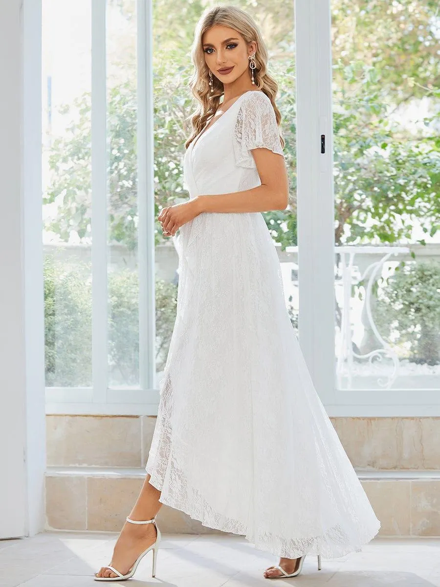 Pleated V-Neck Short Sleeve Ruffled Lace Formal Mother of the Bride Dress