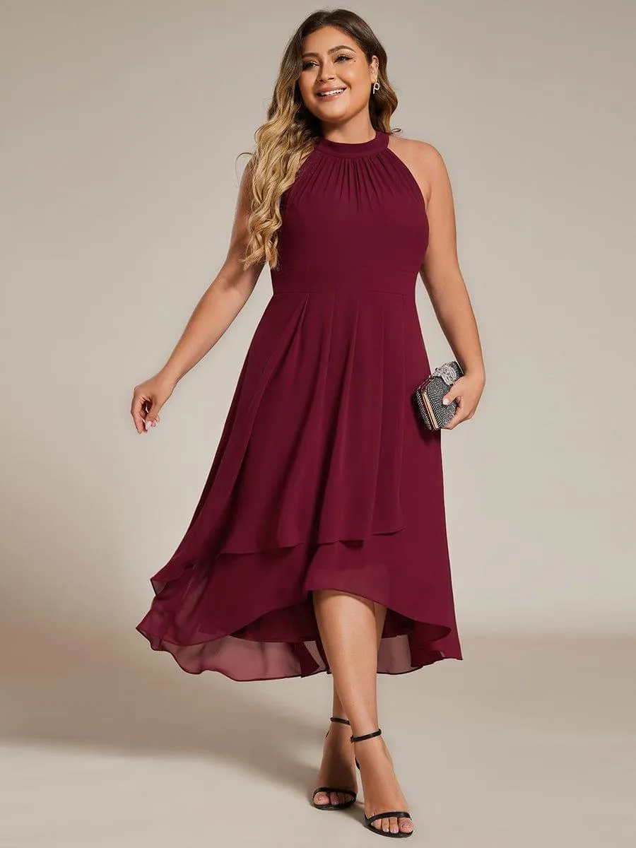 Plus Size Chiffon Sleeveless Halter Neck Midi Wedding Guest Dress