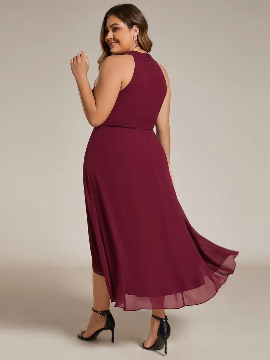Plus Size Chiffon Sleeveless Halter Neck Midi Wedding Guest Dress