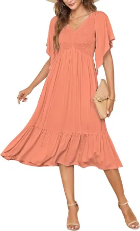 PYGFEMR Women's Summer Empire Waist Dress Smocked Flutter Short Sleeve V Neck Midi Dresses