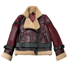 Red-Wine Cropped Fur Leather Coat for Women – Stylish & Elegant
