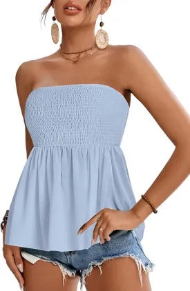 Rooscier Women's Smocked Tube Tops Ruffle Hem Sleeveless Peplum Bandeau Strappy Cami Tank