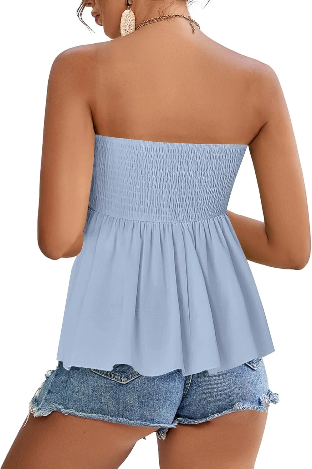 Rooscier Women's Smocked Tube Tops Ruffle Hem Sleeveless Peplum Bandeau Strappy Cami Tank