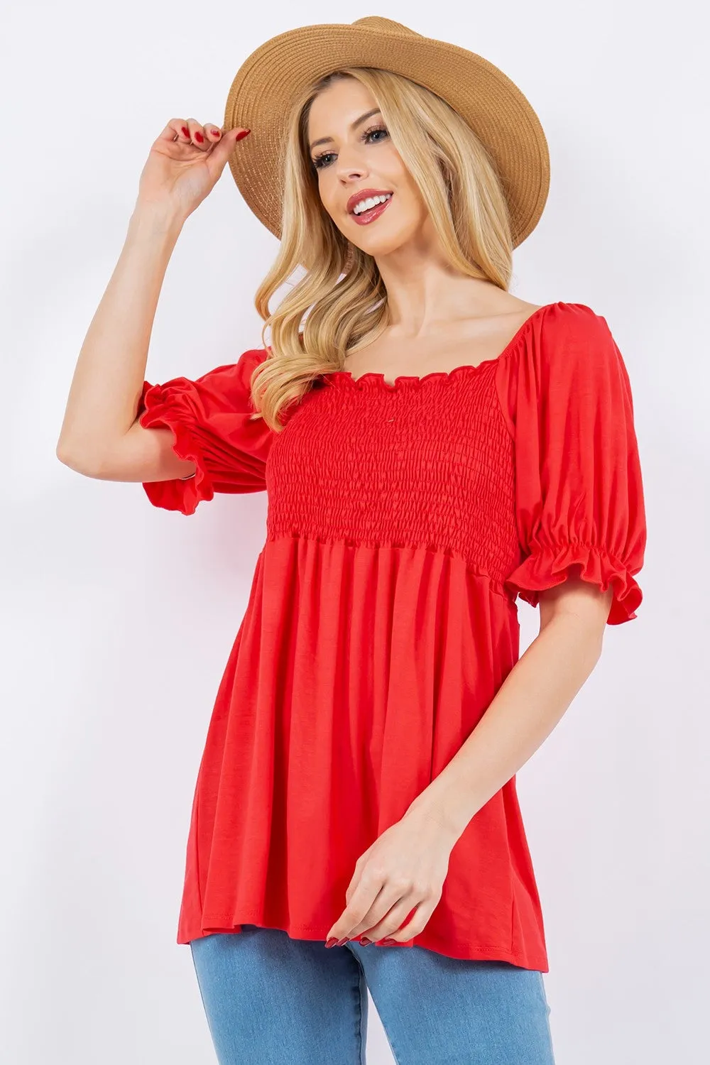 Ruffled Short Sleeve Smocked Blouse
