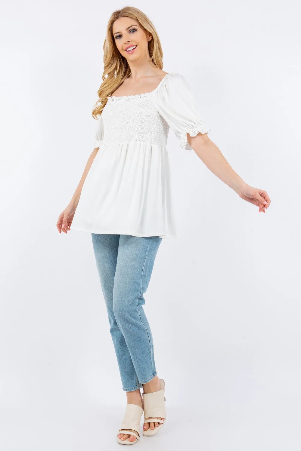 Ruffled Short Sleeve Smocked Blouse