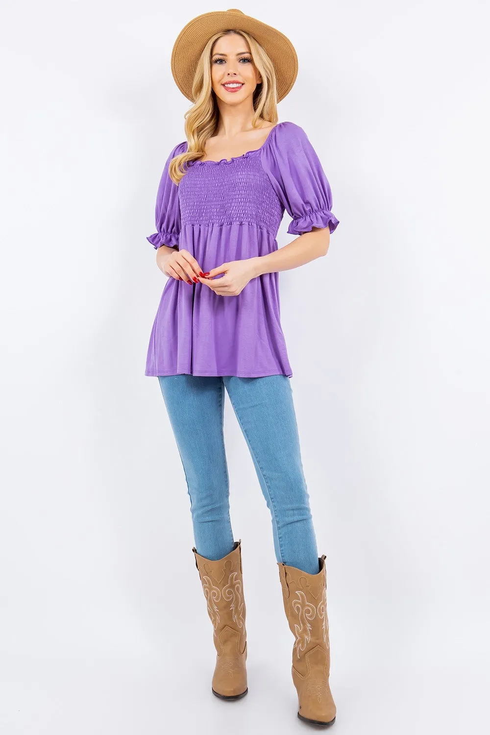 Ruffled Short Sleeve Smocked Blouse