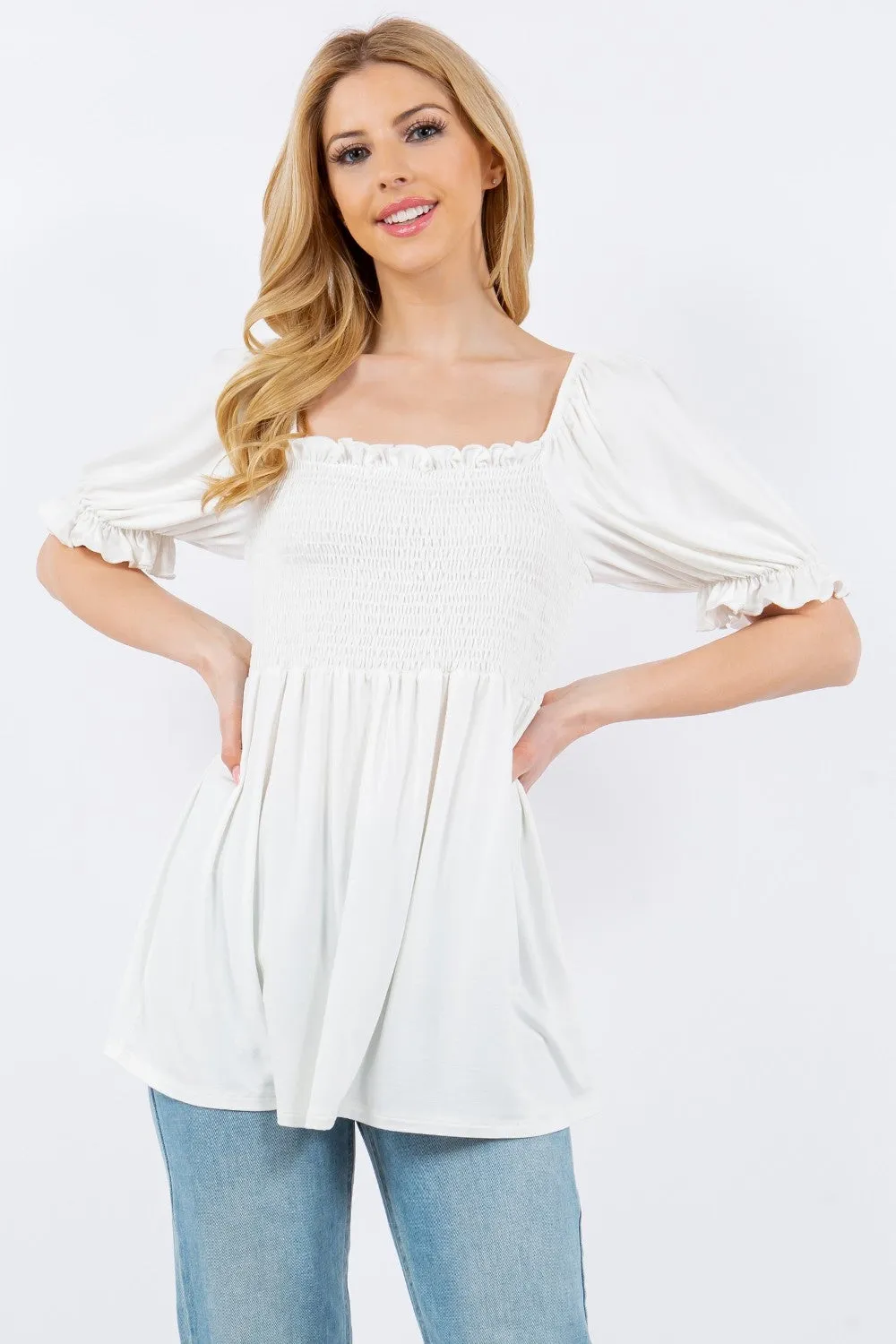Ruffled Short Sleeve Smocked Blouse