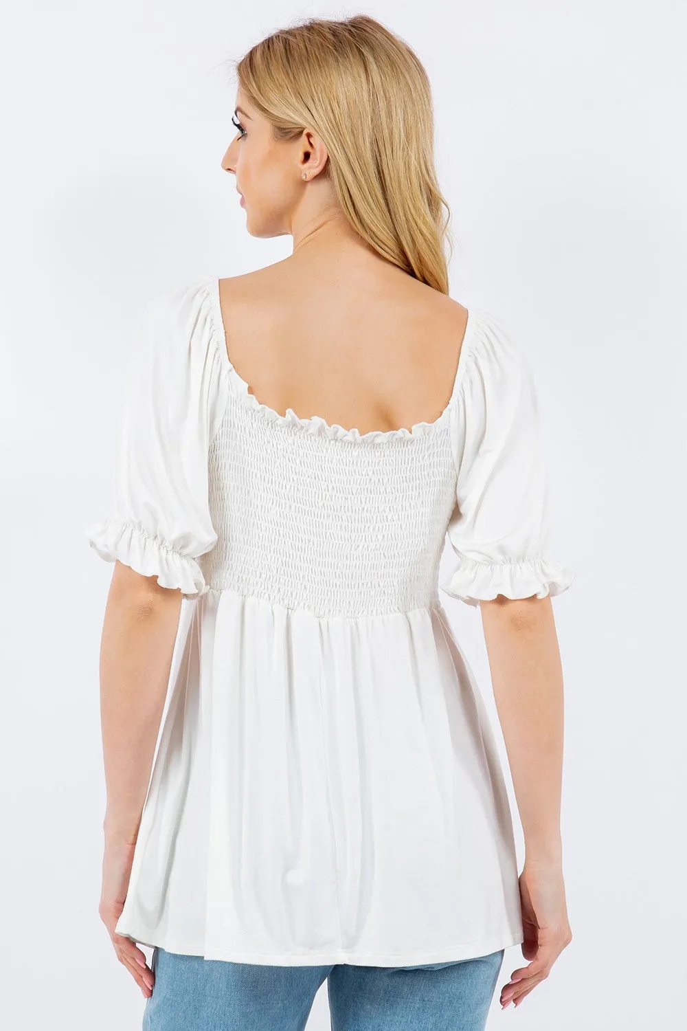Ruffled Short Sleeve Smocked Blouse
