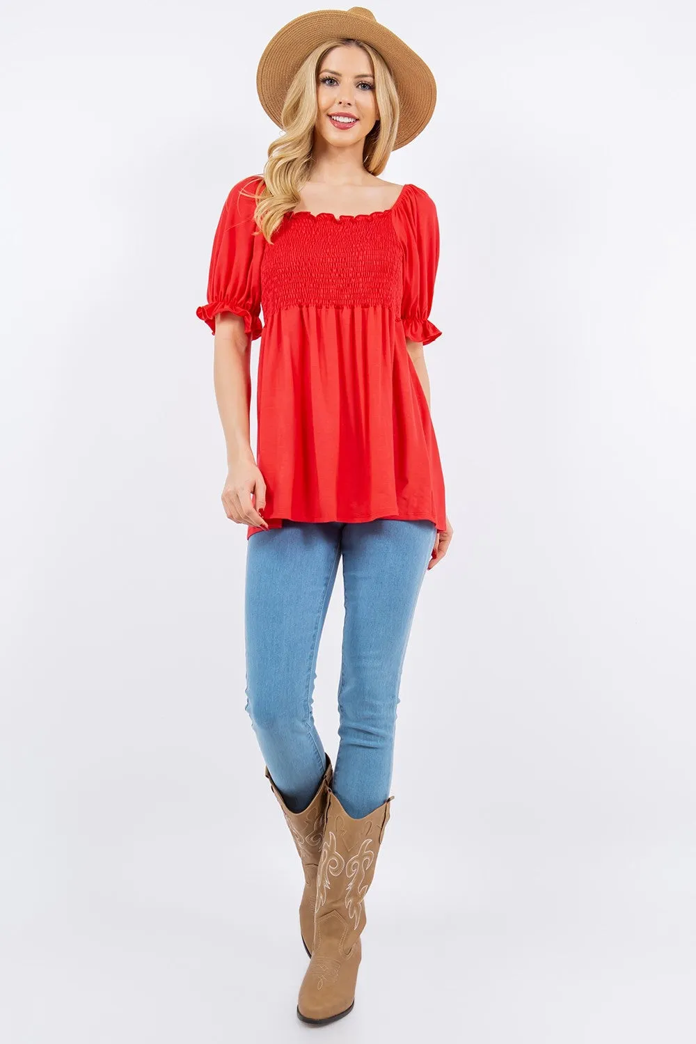 Ruffled Short Sleeve Smocked Blouse