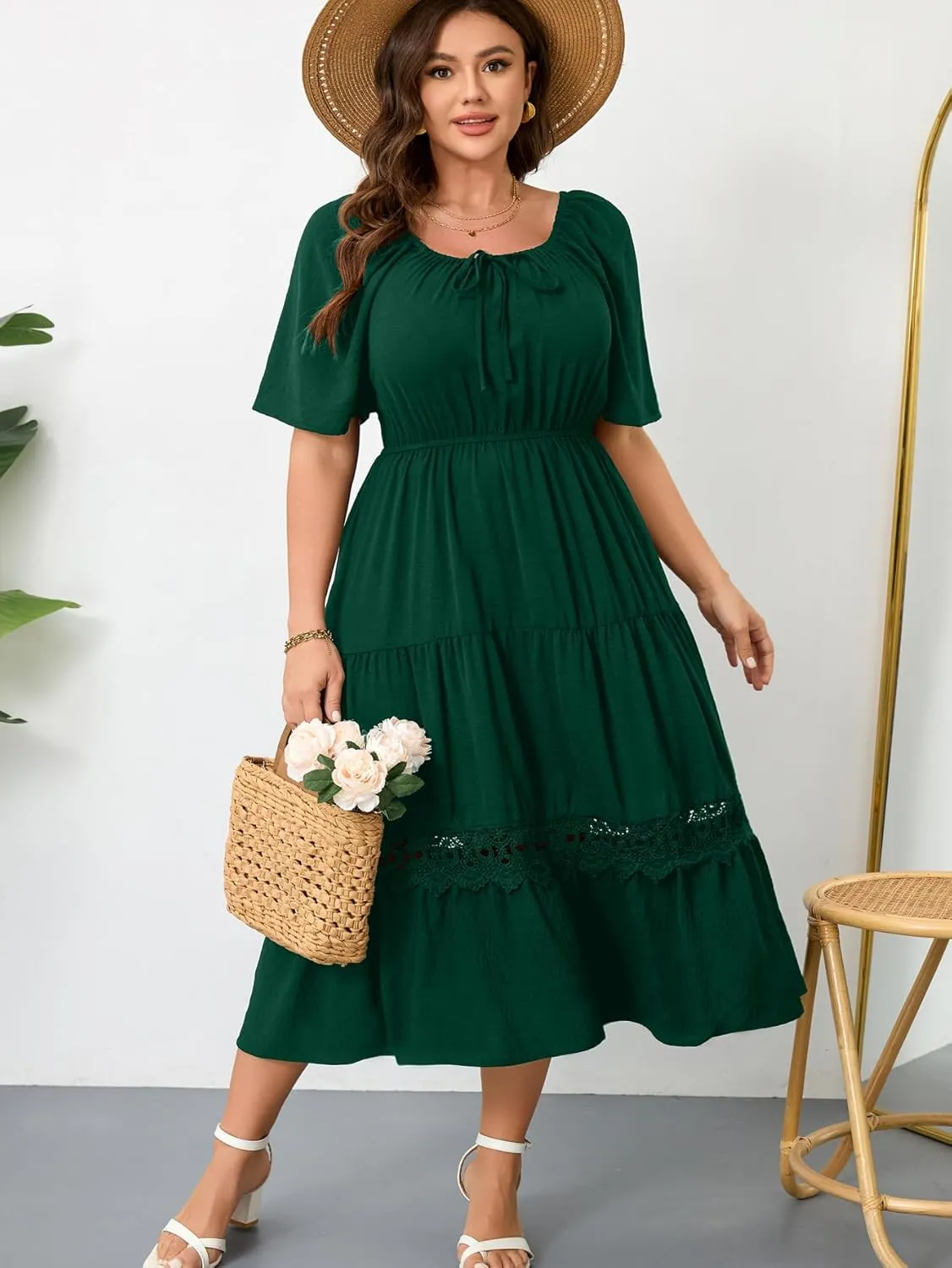 RWJ Women's Plus Size Maxi Dress Short Sleeve Square Neck Flowy A-Line Lace Trim Flutter Party Casual Off Shoulder Dresses