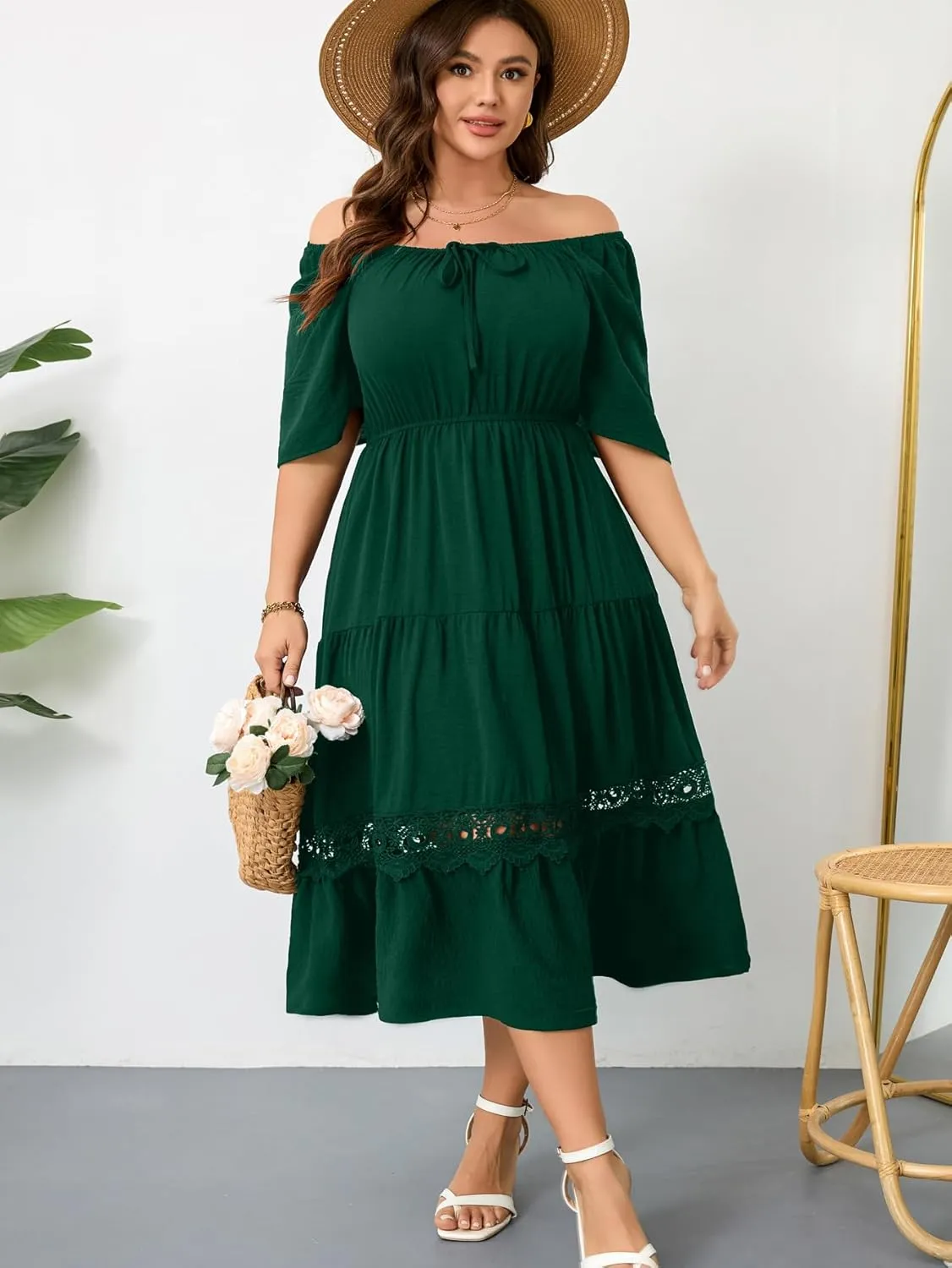 RWJ Women's Plus Size Maxi Dress Short Sleeve Square Neck Flowy A-Line Lace Trim Flutter Party Casual Off Shoulder Dresses