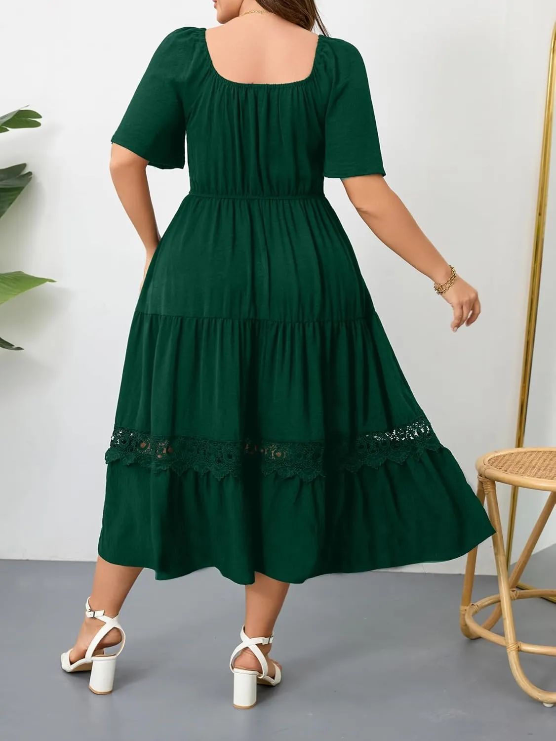 RWJ Women's Plus Size Maxi Dress Short Sleeve Square Neck Flowy A-Line Lace Trim Flutter Party Casual Off Shoulder Dresses