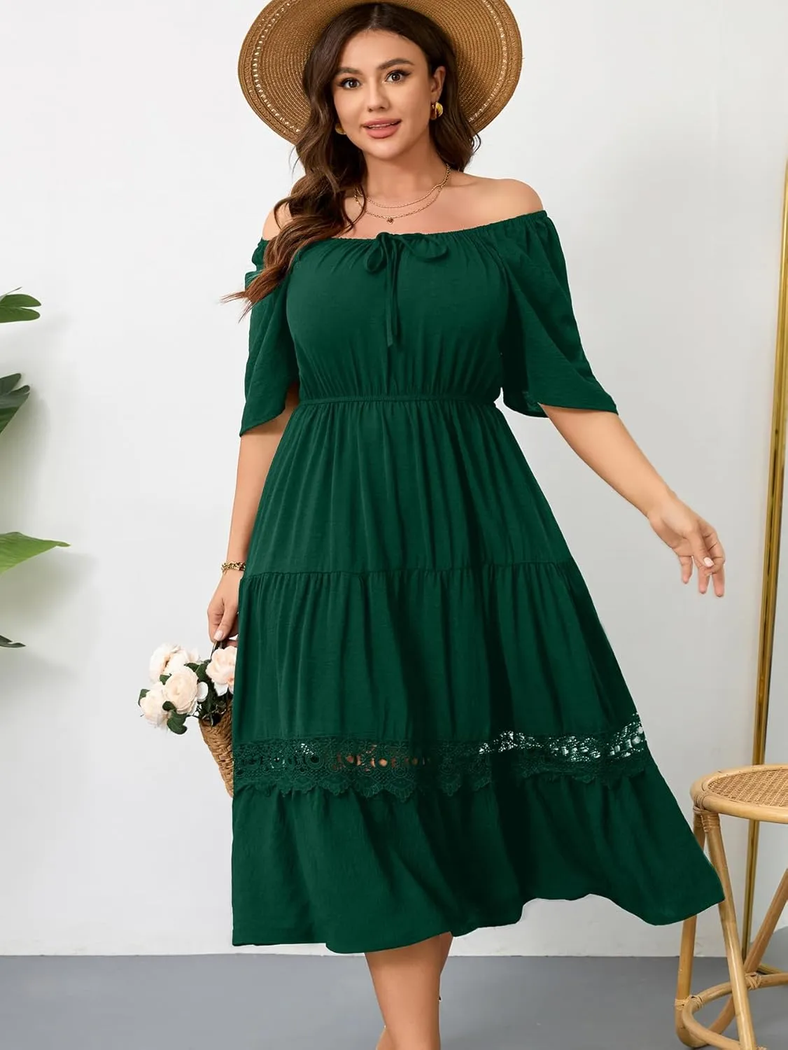 RWJ Women's Plus Size Maxi Dress Short Sleeve Square Neck Flowy A-Line Lace Trim Flutter Party Casual Off Shoulder Dresses
