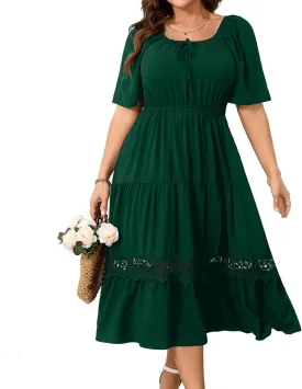 RWJ Women's Plus Size Maxi Dress Short Sleeve Square Neck Flowy A-Line Lace Trim Flutter Party Casual Off Shoulder Dresses