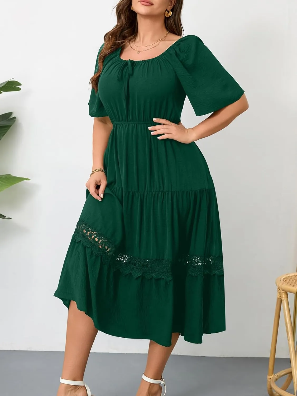 RWJ Women's Plus Size Maxi Dress Short Sleeve Square Neck Flowy A-Line Lace Trim Flutter Party Casual Off Shoulder Dresses