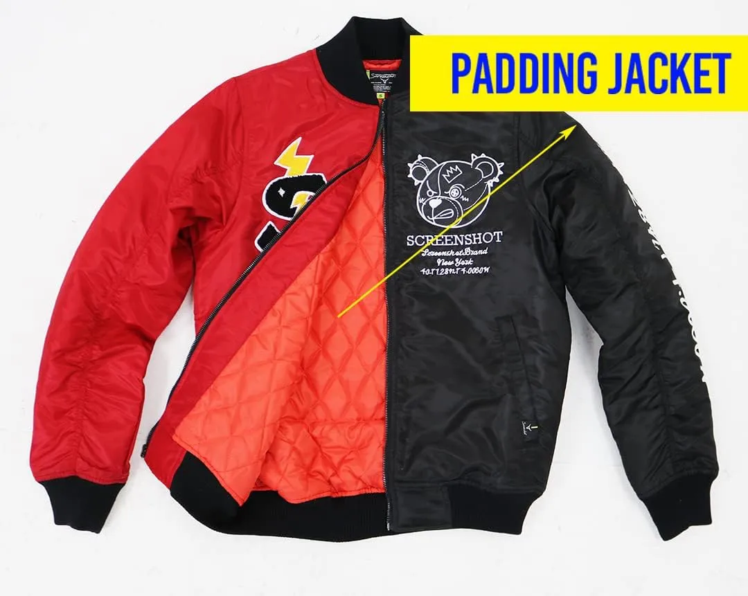 SCREENSHOT Hip-Hop Urban NYC Fashion Padded Bomber Jacket - Quilted Linning Outdoor Streetwear Graffiti Patch Zip Up Top
